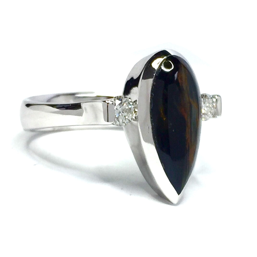 Natural Pietersite Ring Pear Shape Inlaid .18ctw Diamonds-James Hawkes Designs-Hawkes and Co