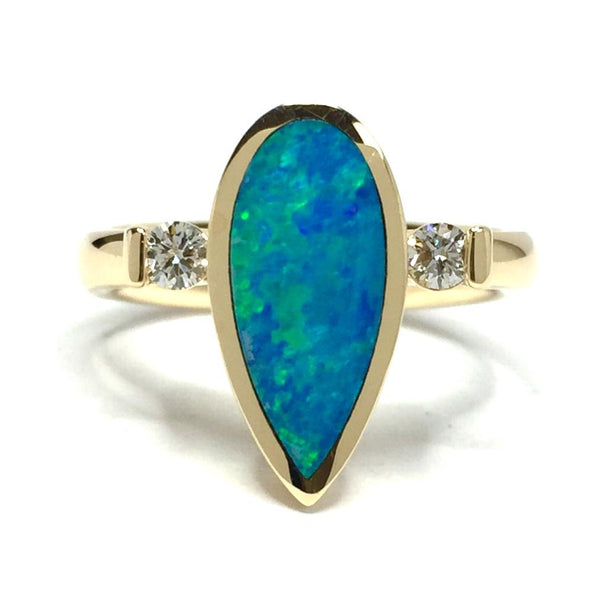 Natural Opal Rings Pear Shape Inlaid .18ctw Diamonds Superior Quality-James Hawkes Designs-Hawkes and Co