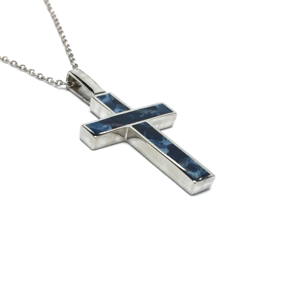 Natural Pietersite Cross Necklace 3 Section Inlaid 14K White Gold-James Hawkes Designs-Hawkes and Co