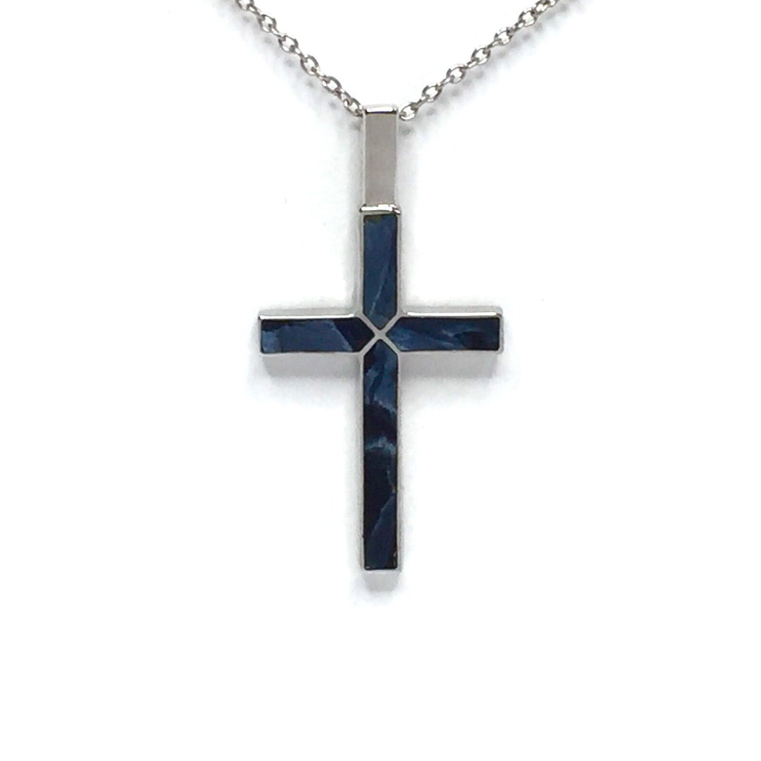 Natural Pieterstie Cross Necklace 4 Rectangle Section Inlaid 14K White Gold-James Hawkes Designs-Hawkes and Co