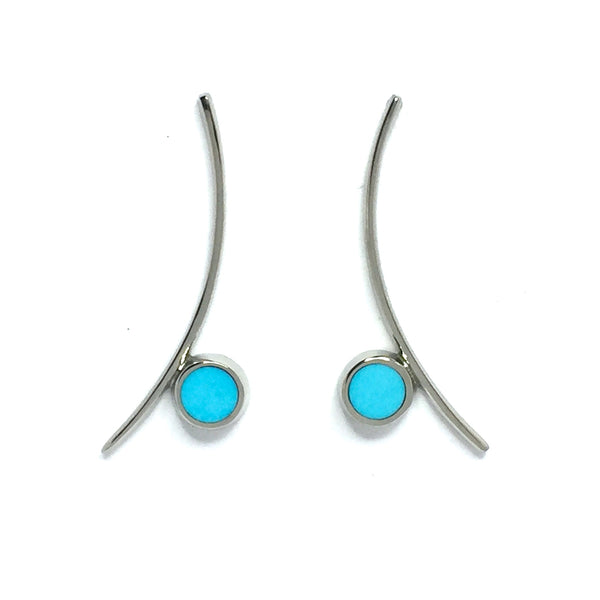 Natural Sleeping Beauty Turquoise Earrings Curved Bar Round Inlaid-James Hawkes Designs-Hawkes and Co