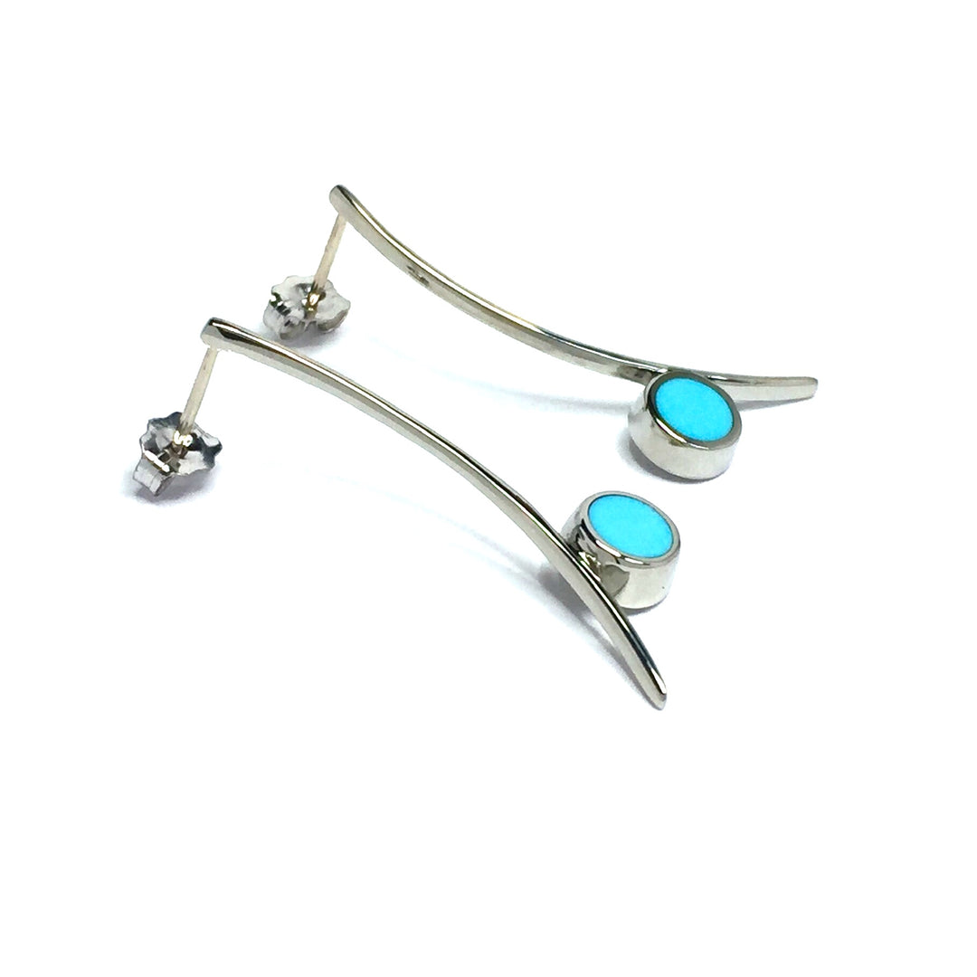 Natural Sleeping Beauty Turquoise Earrings Curved Bar Round Inlaid-James Hawkes Designs-Hawkes and Co