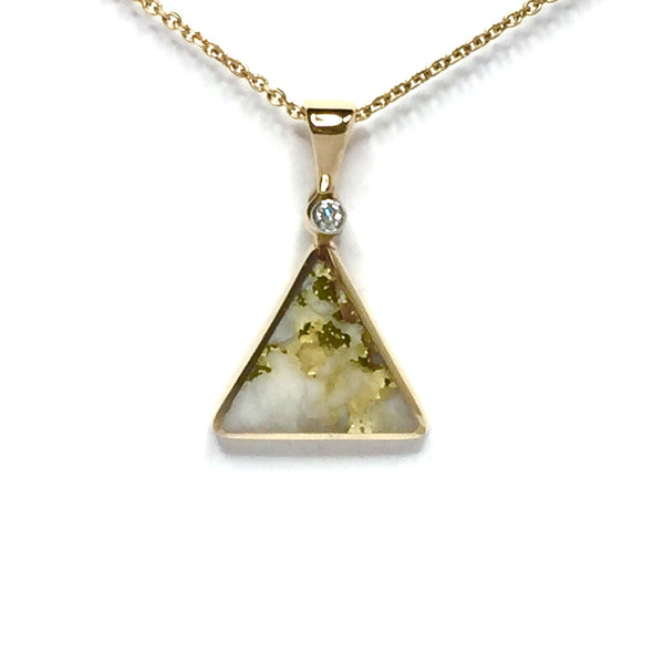 Gold quartz necklace triangle inlaid pendant made of 14k yellow gold with .02ct diamond