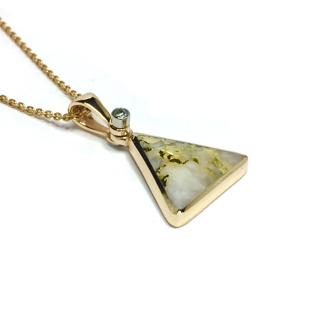 Gold quartz necklace triangle inlaid pendant made of 14k yellow gold with .02ct diamond