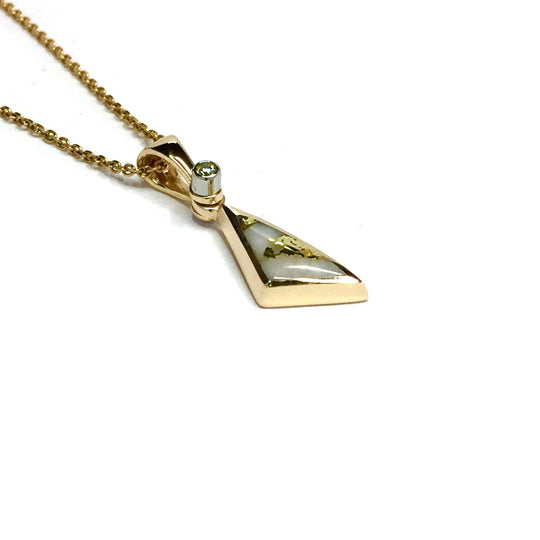 Gold quartz necklace sail inlaid design pendant made of 14k yellow gold with a .02ct diamond