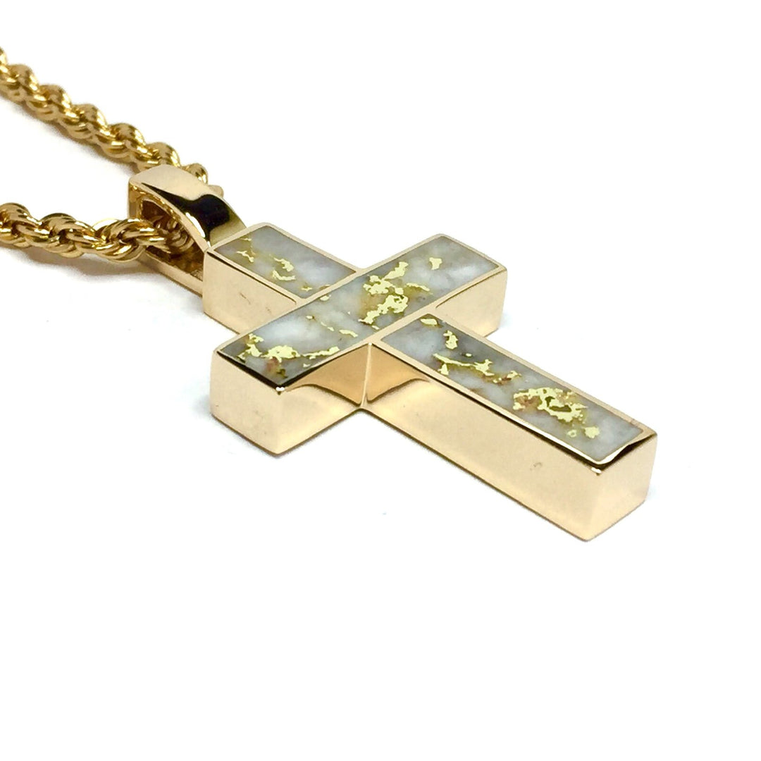 Gold Quartz Necklace 3 Section Inlaid Cross Pendant Made of 14k Yellow Gold