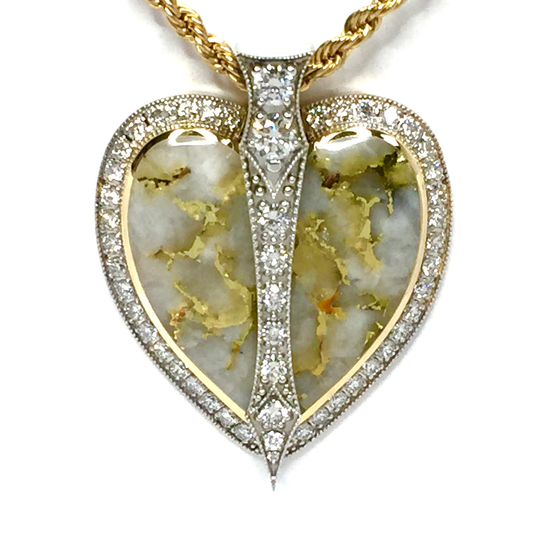 Gold Quartz Necklace Heart Shape Inlaid Pendant Made of 14k Gold Accented by 2.24ctw Round Diamonds