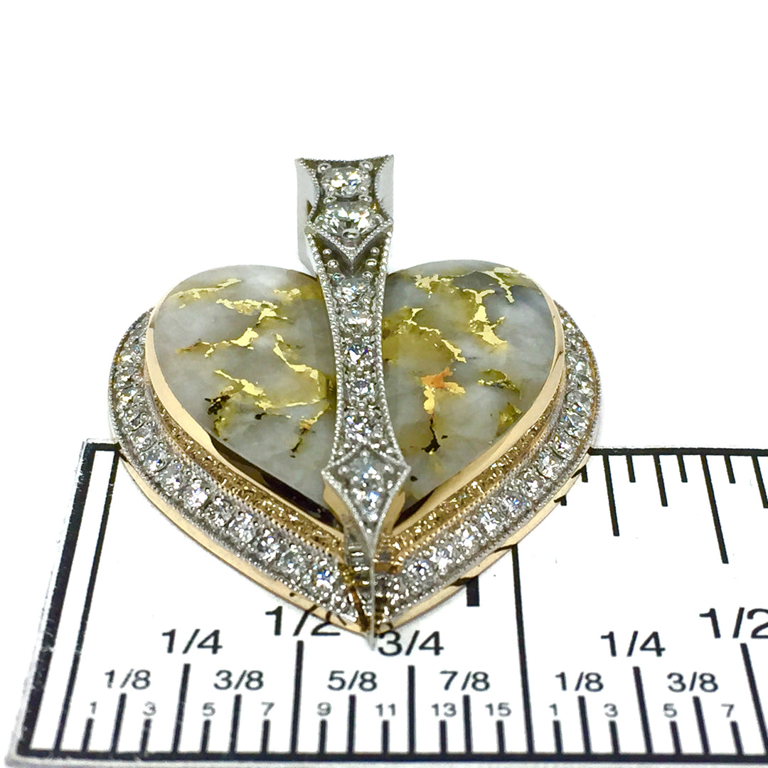 Gold Quartz Necklace Heart Shape Inlaid Pendant Made of 14k Gold Accented by 2.24ctw Round Diamonds