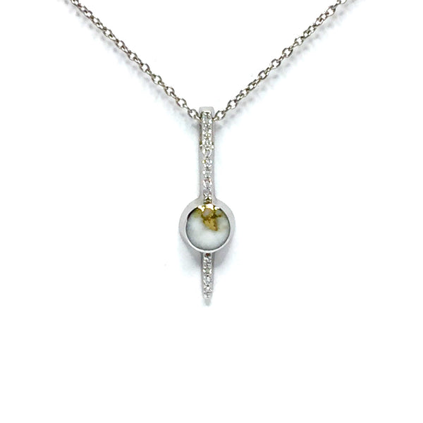 Bar Design Round Inlaid Gold Quartz Necklace 14k White Gold with Round Diamond Accents