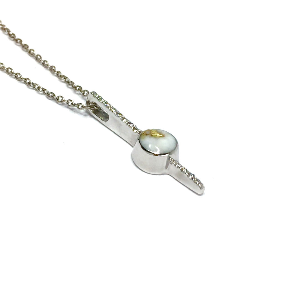 Bar Design Round Inlaid Gold Quartz Necklace 14k White Gold with Round Diamond Accents