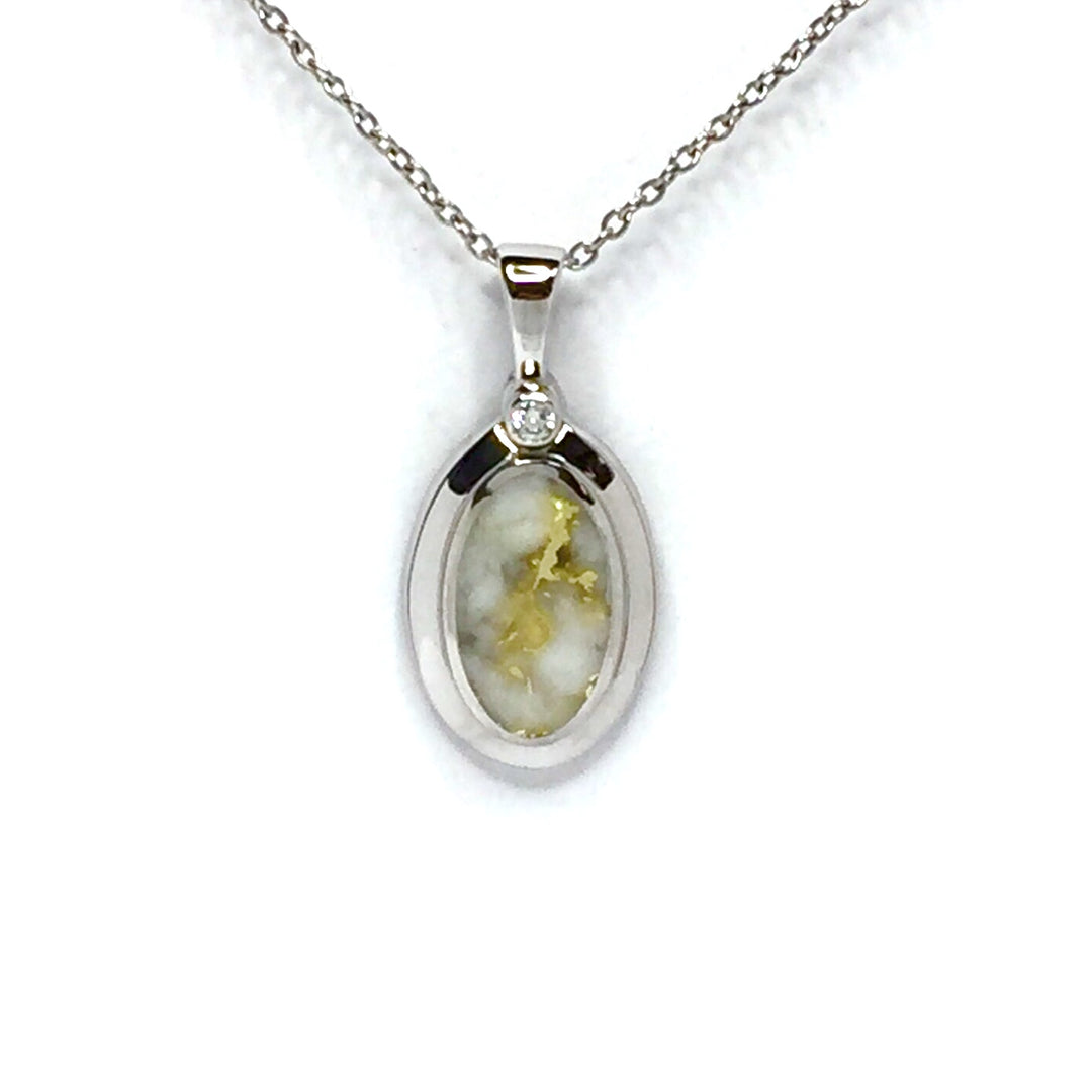 Gold quartz necklace oval inlaid pendant made of 14k white gold with .02ct diamond