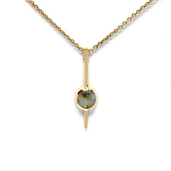 Gold Quartz Necklace Round Inlaid Bar Design Pendant Made of 14k Yellow Gold