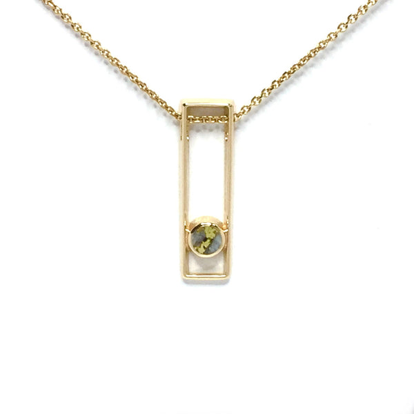 Gold quartz necklace round inlaid open rectangle open design pendant made of 14k yellow gold