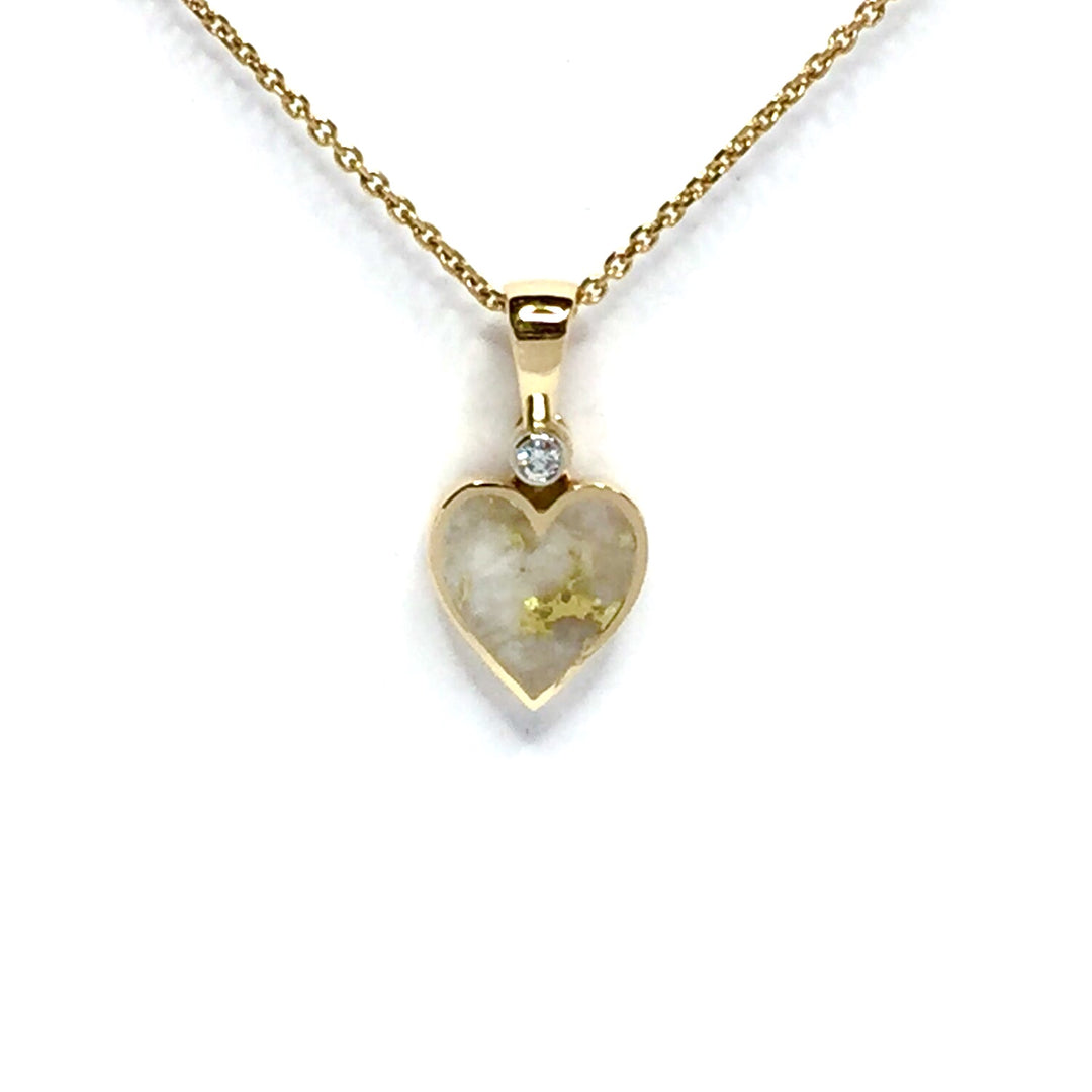 Gold Quartz Necklace Heart Shape Inlaid Pendant made of 14k yellow gold with a single .02ct diamond