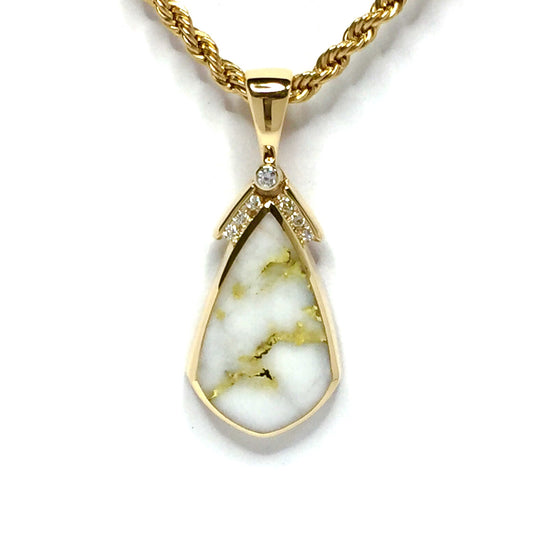 Gold quartz necklace pear shape inlaid pendant made of 14k yellow gold with .15ctw diamonds