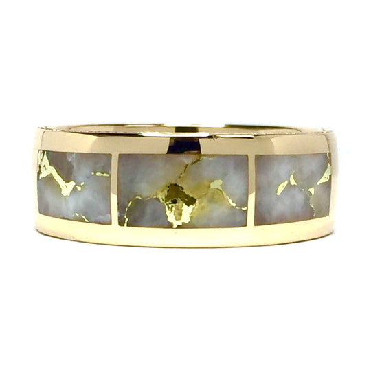 Gold Quartz Ring 3 Section Rectangle Inlaid Milgrain Design Band 14k Yellow Gold