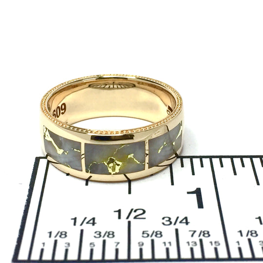 Gold Quartz Ring 3 Section Rectangle Inlaid Milgrain Design Band 14k Yellow Gold