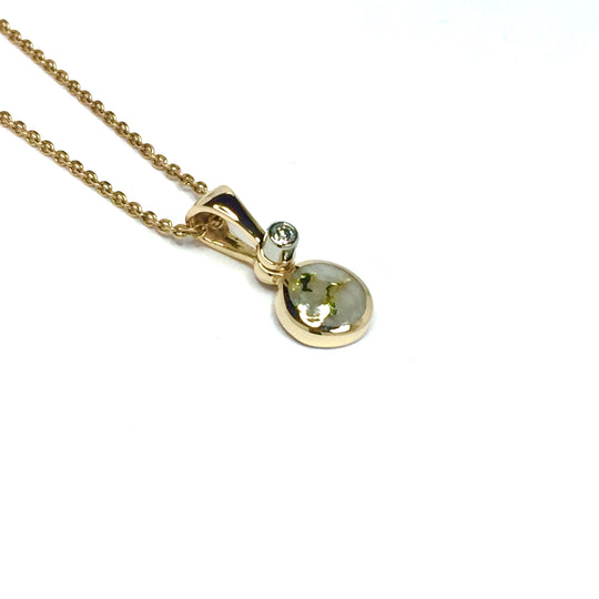 Gold Quartz Necklace Round inlaid pendant made of 14k yellow gold with a single .02ct round diamond