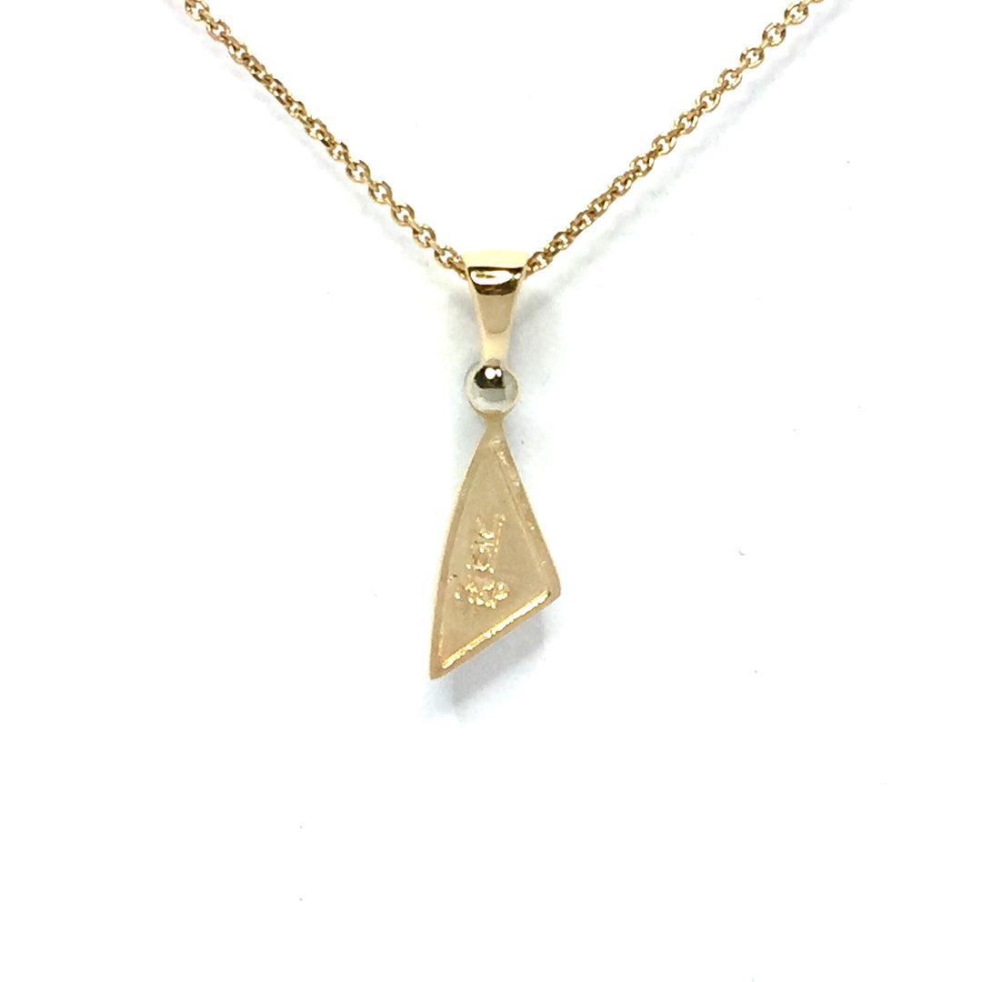 Gold Quartz Necklace Sail Inlaid Design Pendant made of 14k yellow gold with a single .02ct round diamond