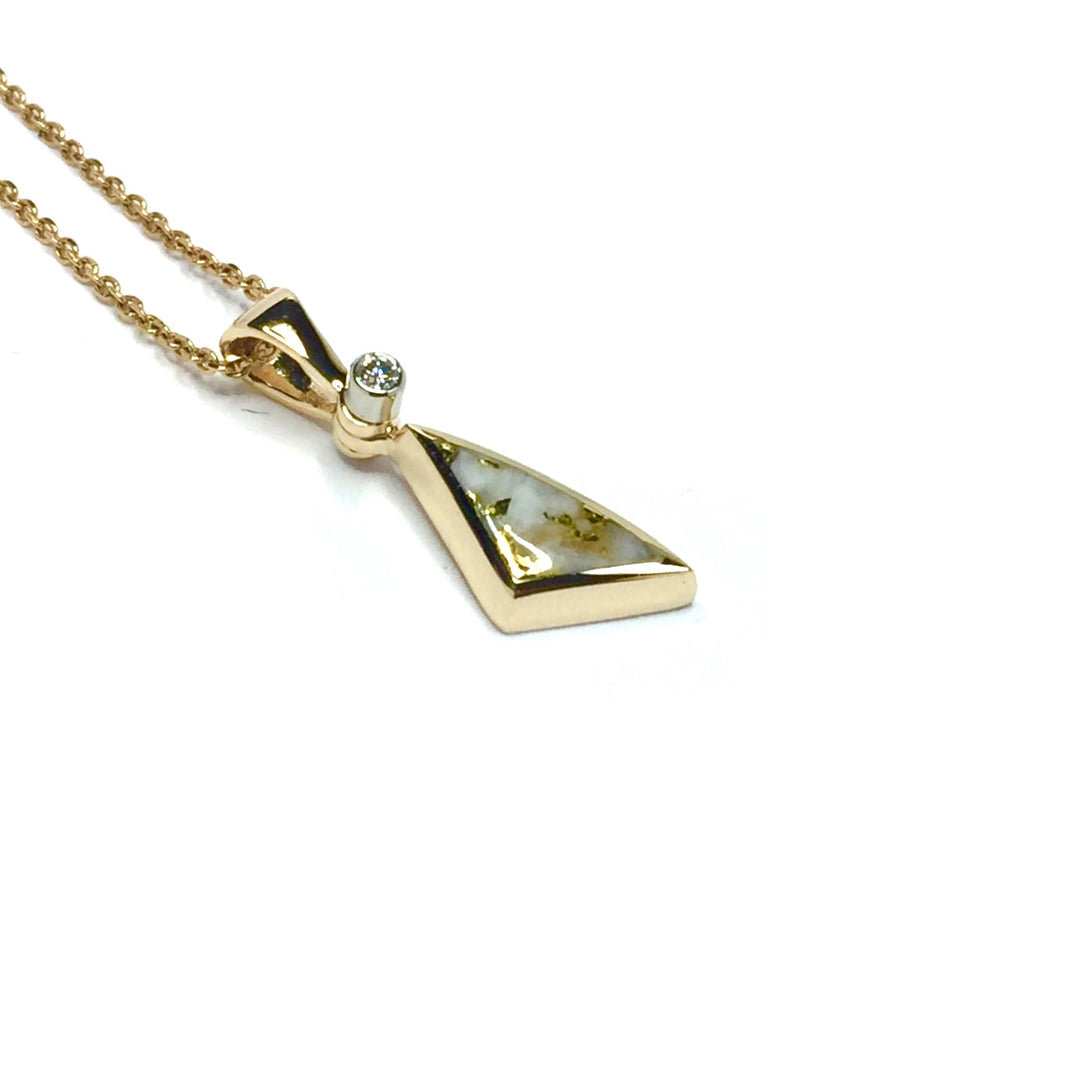 Gold Quartz Necklace Sail Inlaid Design Pendant made of 14k yellow gold with a single .02ct round diamond