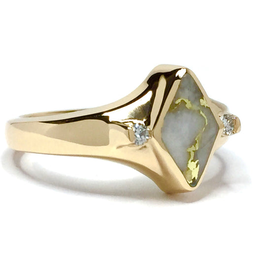 Gold Quartz Ring Diamond Shape Inlaid Design .05ctw Round Diamonds 14k Yellow Gold