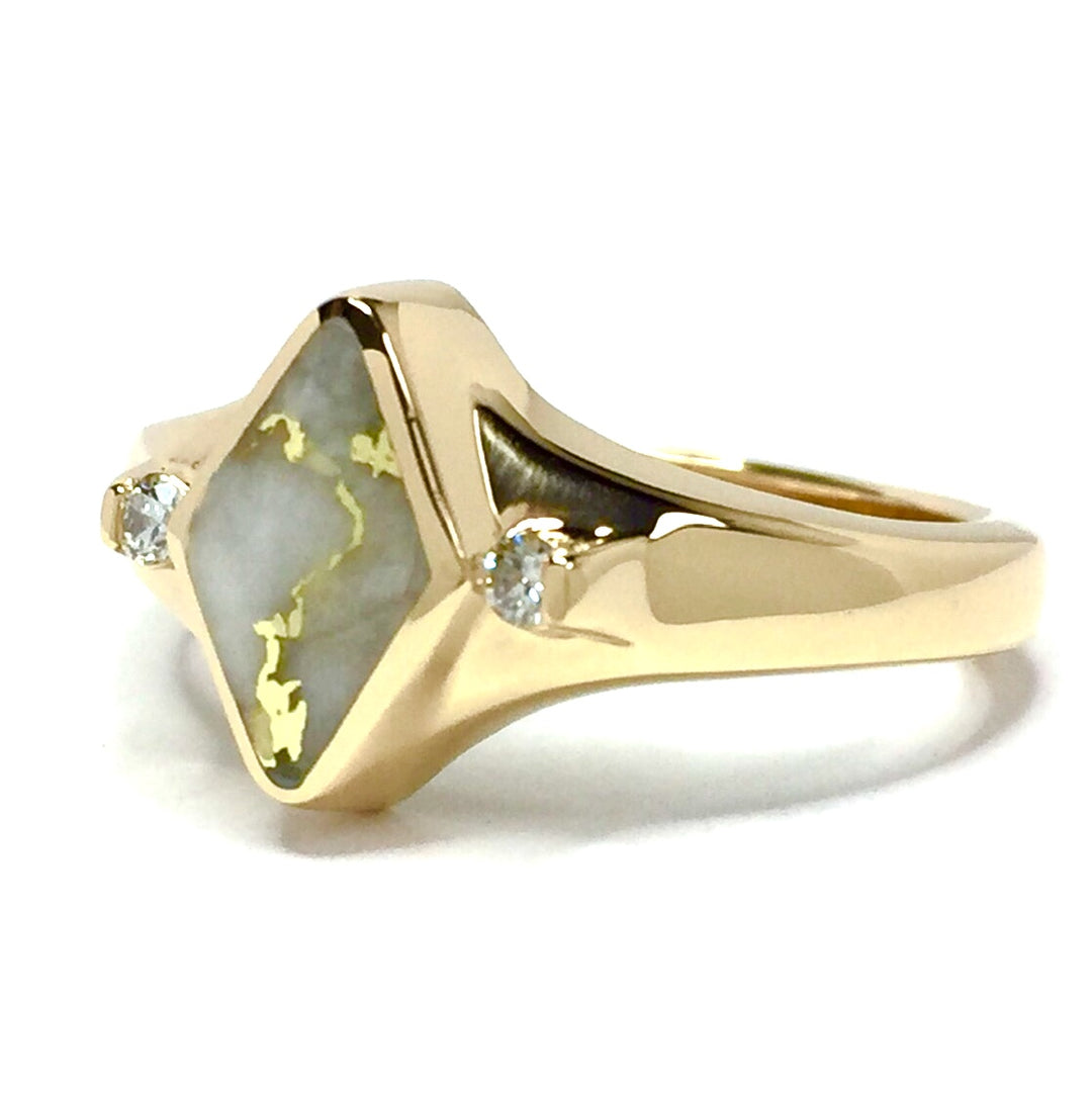 Gold Quartz Ring Diamond Shape Inlaid Design .05ctw Round Diamonds 14k Yellow Gold