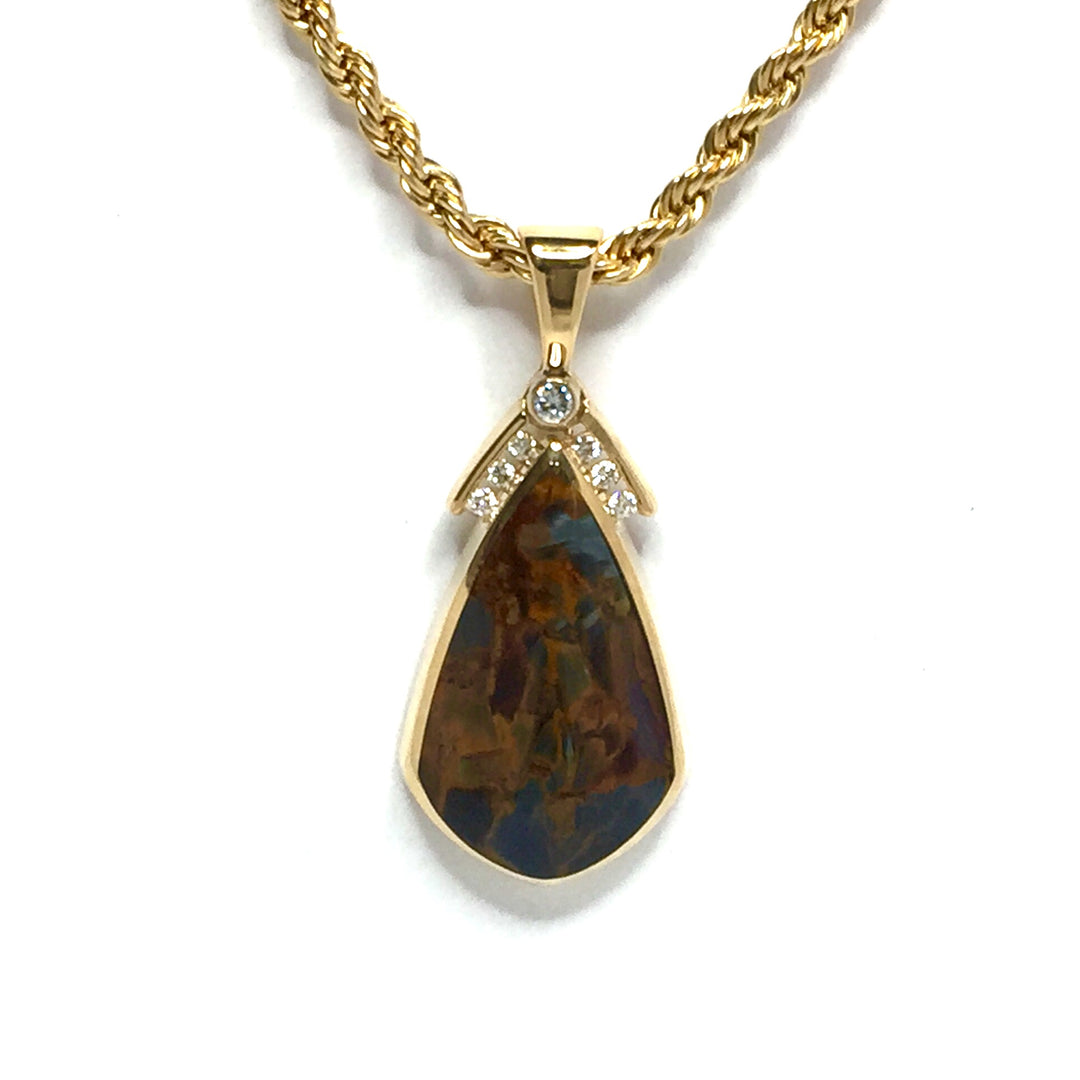 Natural pietersite pendant, tear drop inlaid design, .15ctw diamonds
