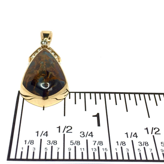 Natural pietersite pendant, tear drop inlaid design, .15ctw diamonds