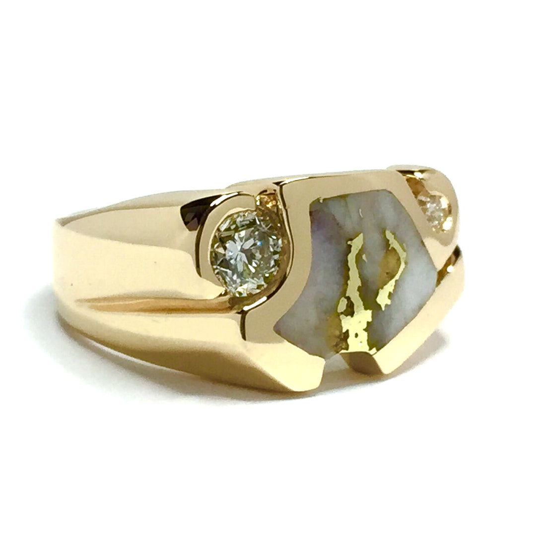 Gold Quartz Ring Geometric Inlaid .30ctw Round Diamonds 14k Yellow Gold