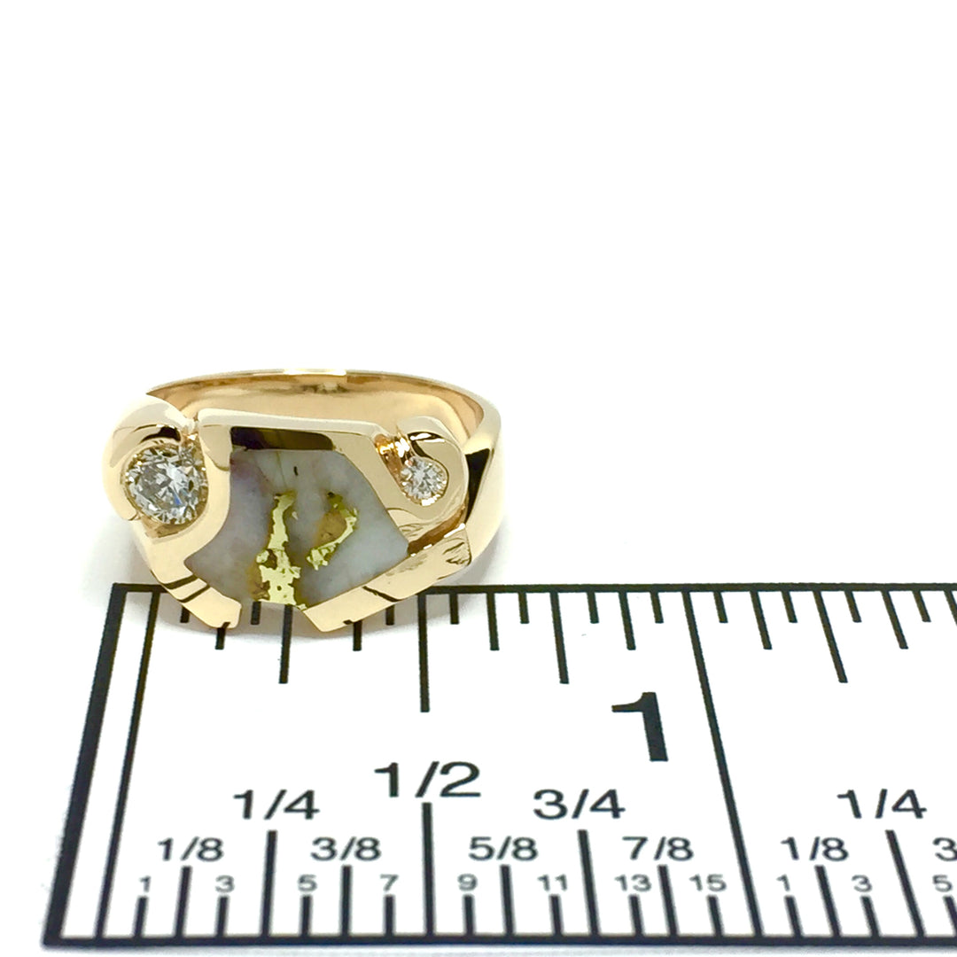 Gold Quartz Ring Geometric Inlaid .30ctw Round Diamonds 14k Yellow Gold