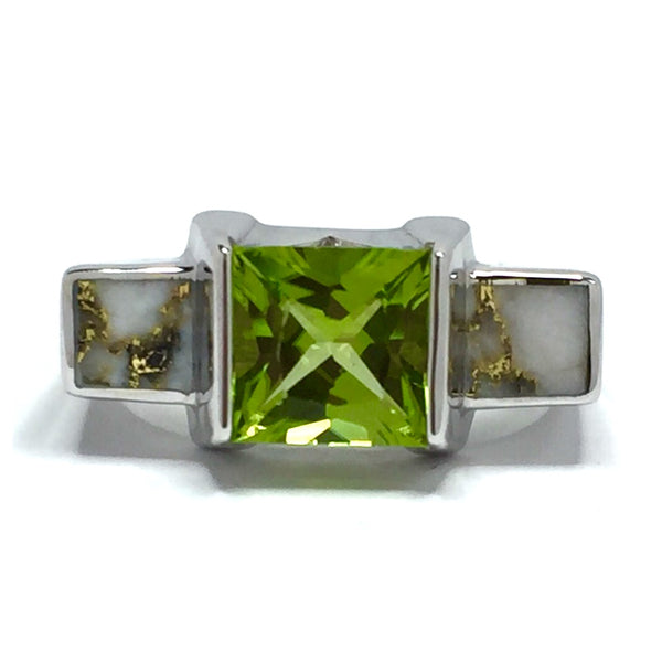 Gold Quartz Ring Double Sided Inlaid Princess Cut Peridot 14k White Gold