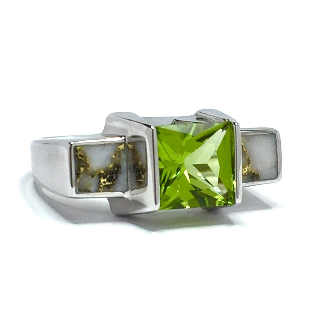 Gold Quartz Ring Double Sided Inlaid Princess Cut Peridot 14k White Gold