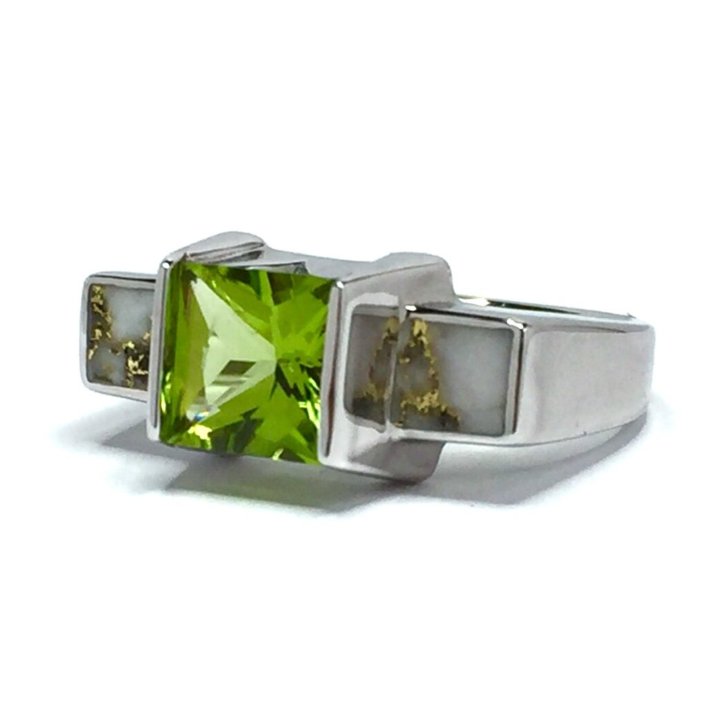 Gold Quartz Ring Double Sided Inlaid Princess Cut Peridot 14k White Gold