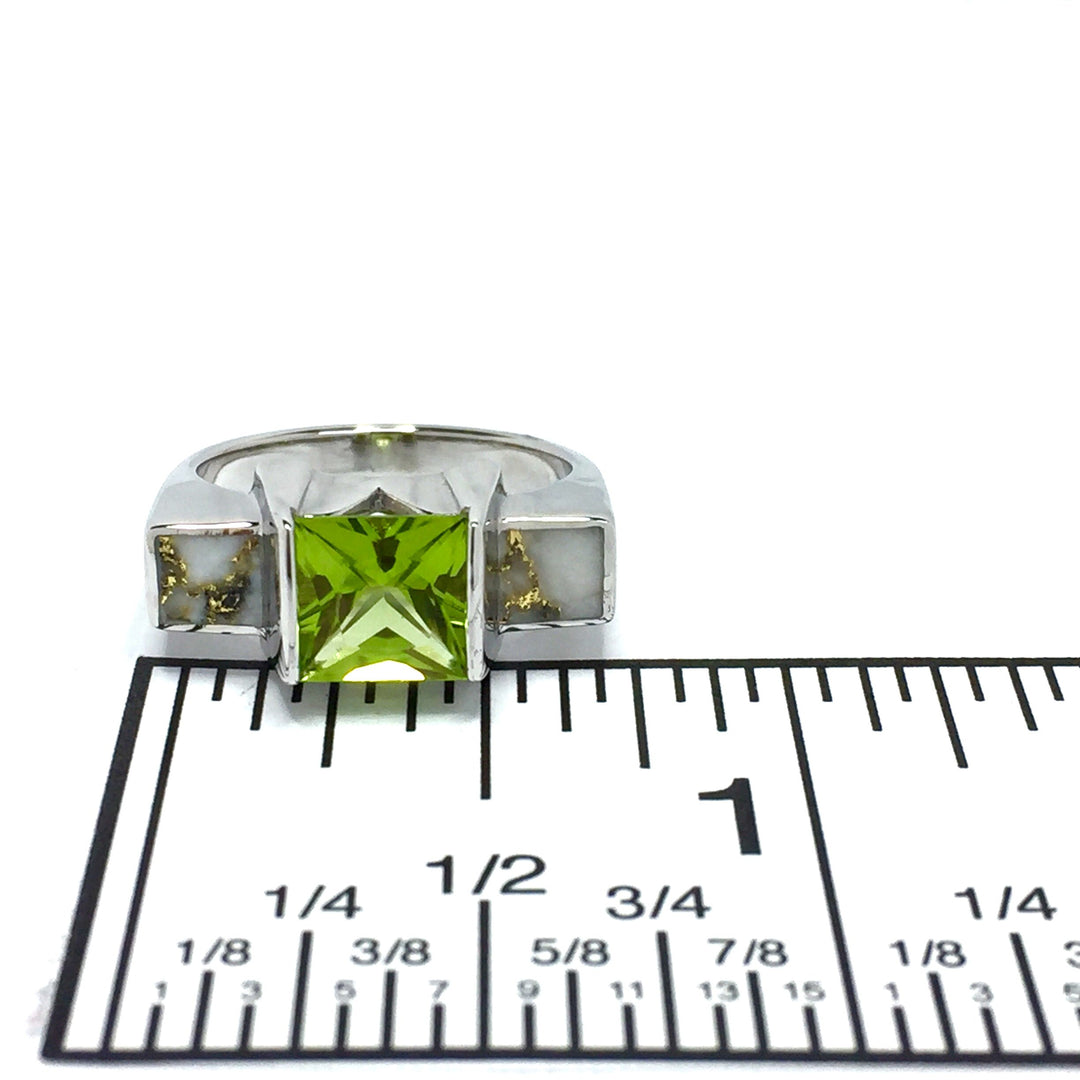 Gold Quartz Ring Double Sided Inlaid Princess Cut Peridot 14k White Gold