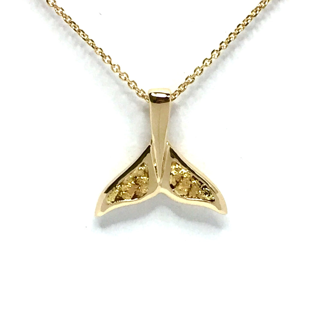 Whale Tail Necklaces double sided natural nuggets inlaid sea life pendant made of 14k yellow gold