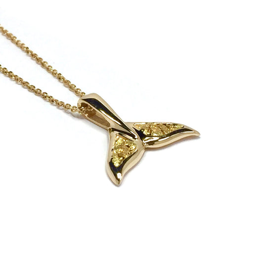 Whale Tail Necklaces double sided natural nuggets inlaid sea life pendant made of 14k yellow gold