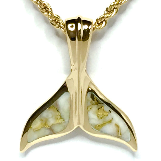 Whale Tail Necklaces Gold in quartz double sided inlaid sea life pendant made of 14k yellow gold