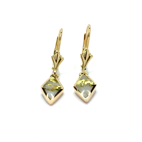 Gold Quartz Earrings Diamond Shape Inlaid Design Lever Backs 14k Yellow Gold
