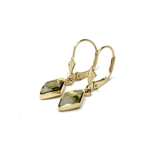 Gold Quartz Earrings Diamond Shape Inlaid Design Lever Backs 14k Yellow Gold