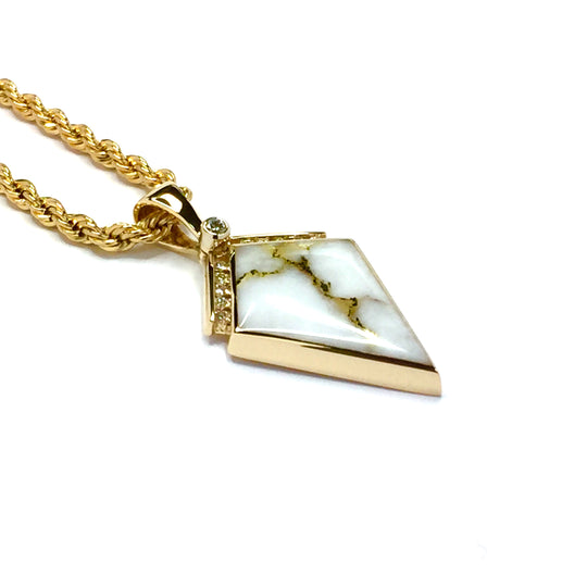 Gold Quartz Necklace Kite Inlaid Design Pendant .19ctw Diamond 14k Yellow Gold