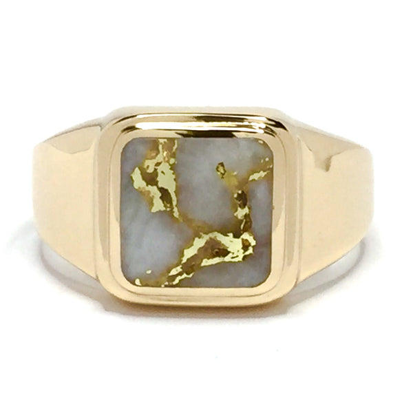 Gold quartz ring square inlaid design 14k yellow gold