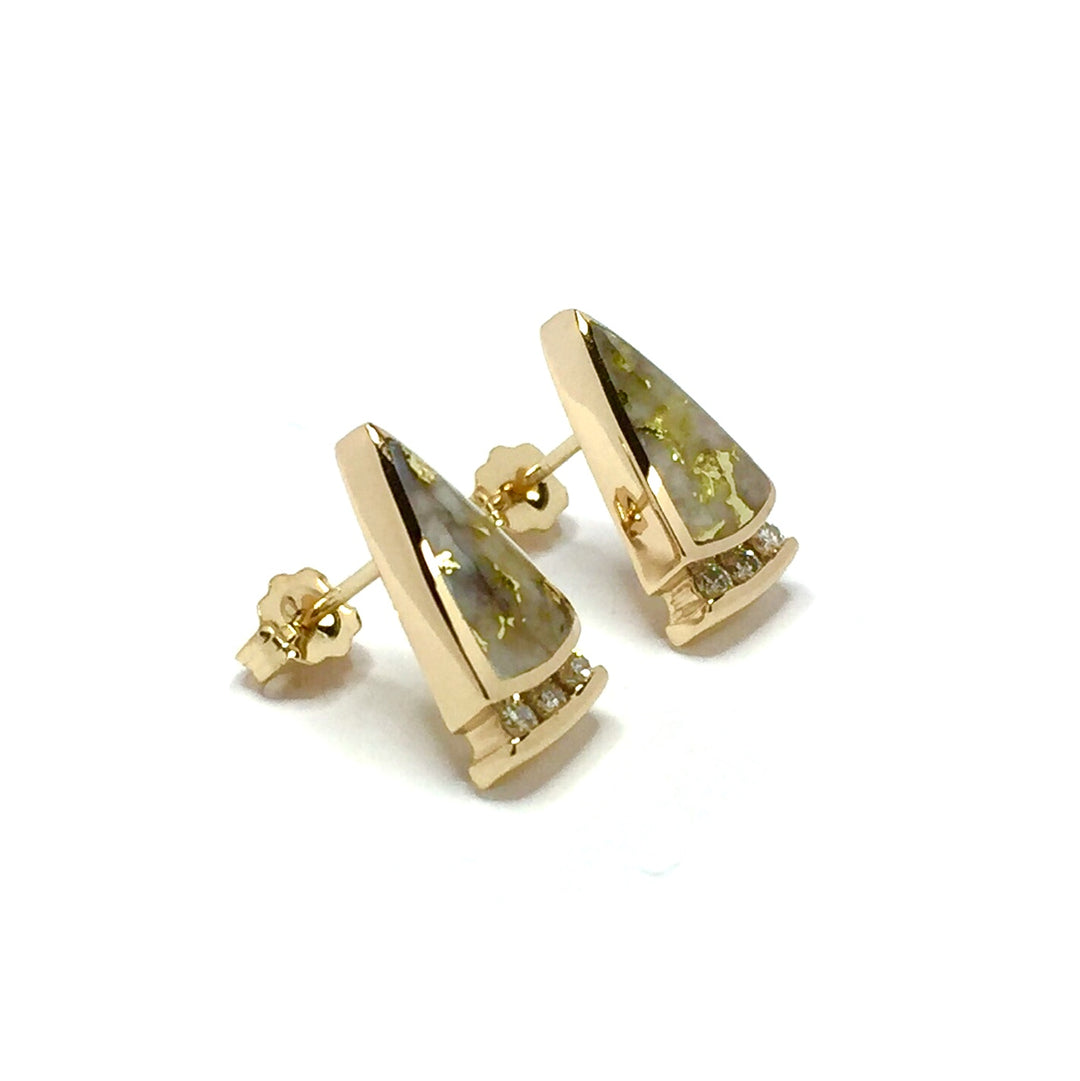 Gold quartz earrings triangle inlaid .12ctw round diamonds 14k yellow gold