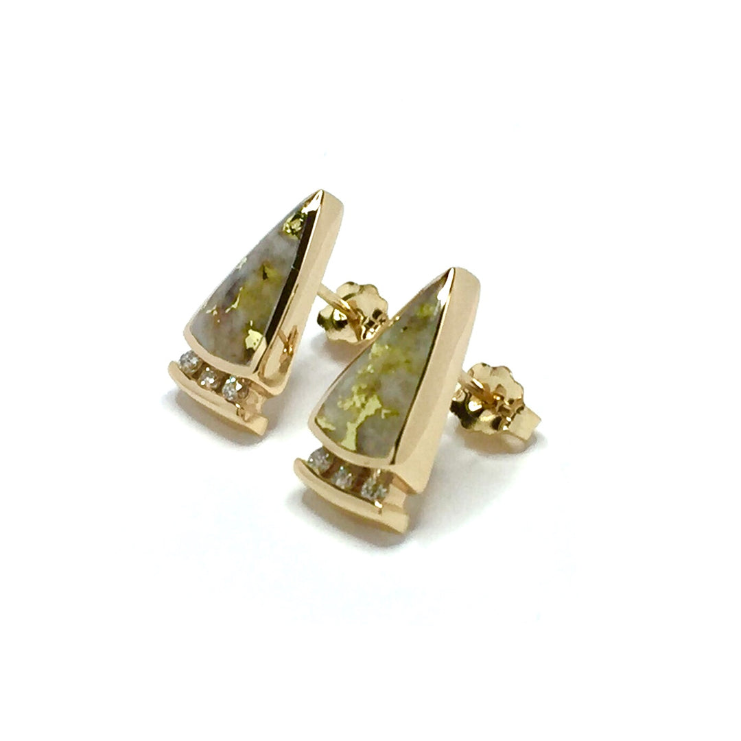 Gold quartz earrings triangle inlaid .12ctw round diamonds 14k yellow gold