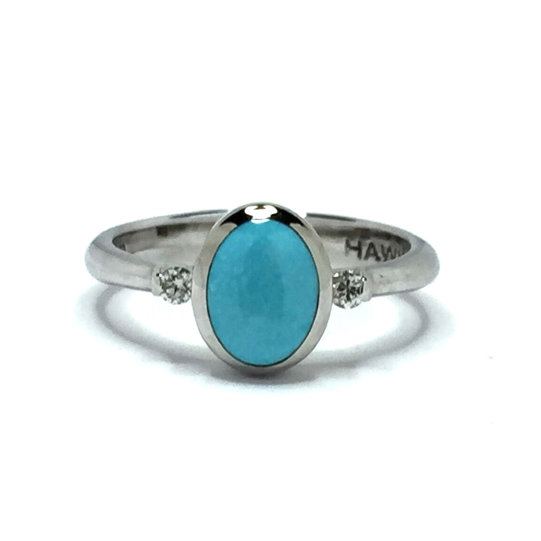 Turquoise Ring Oval Inlaid Design Center with .06ctw Round Diamonds