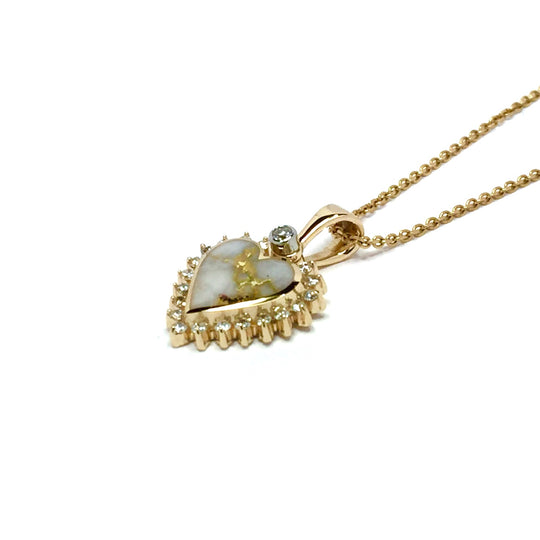 G2 Gold Quartz Necklace Heart Inlaid .21ctw Diamond Halo Design Pendant