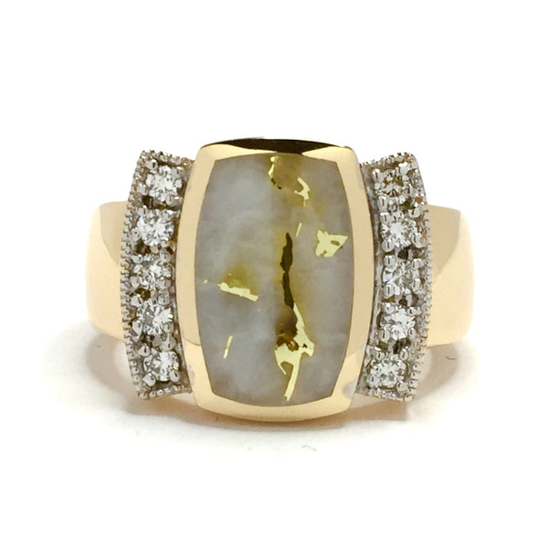 Gold Quartz Ring Rectangle Inlaid .27ctw Round Diamonds 14k Yellow Gold