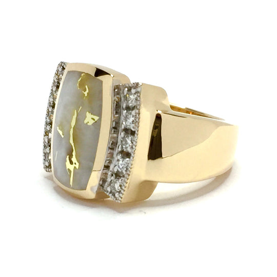 Gold Quartz Ring Rectangle Inlaid .27ctw Round Diamonds 14k Yellow Gold