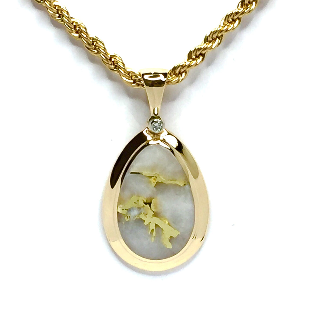 Gold quartz necklace pear shape inlaid pendant made of 14k yellow gold with .02ct diamond