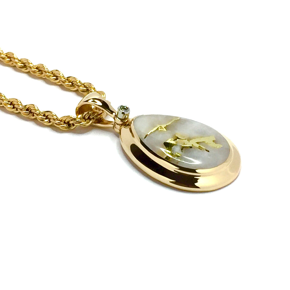 Gold quartz necklace pear shape inlaid pendant made of 14k yellow gold with .02ct diamond