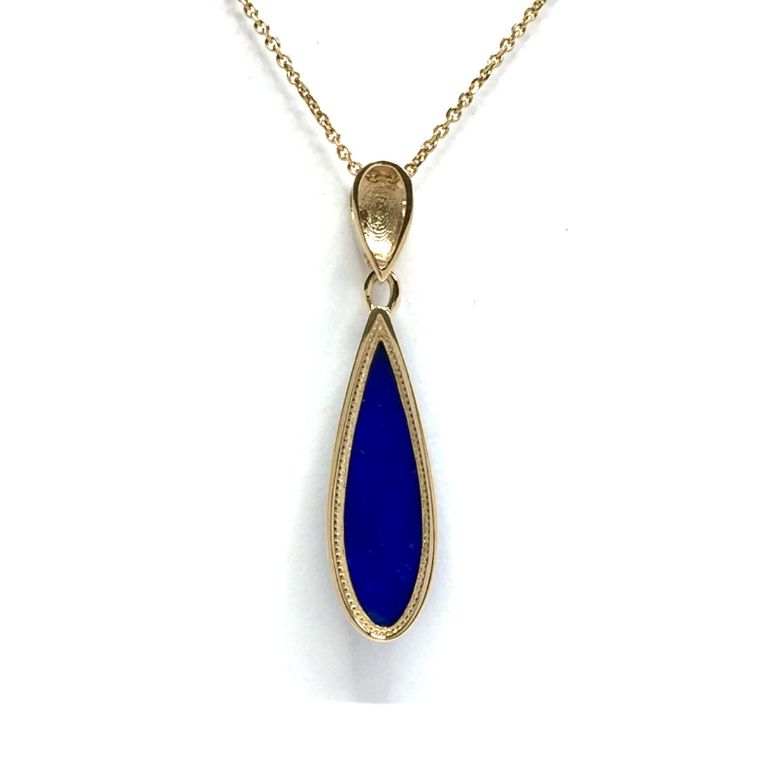 Natural Lapis Necklace Tear Drop Inlaid Design 14k Gold
